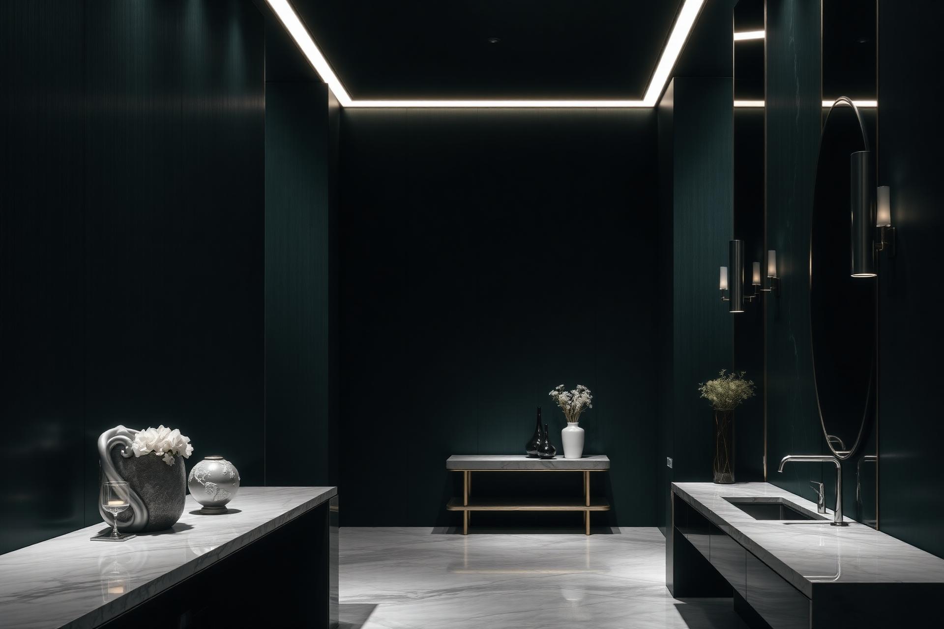 A quiet, editorial interior finished in forest green and marble